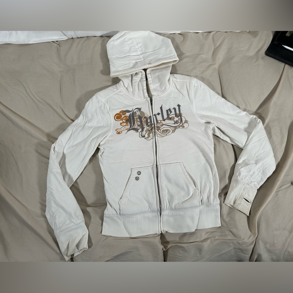 Vintage 90s Y2K Hurley Hoodie Medium Sherpa Lined Skater White Embroidered Flaws